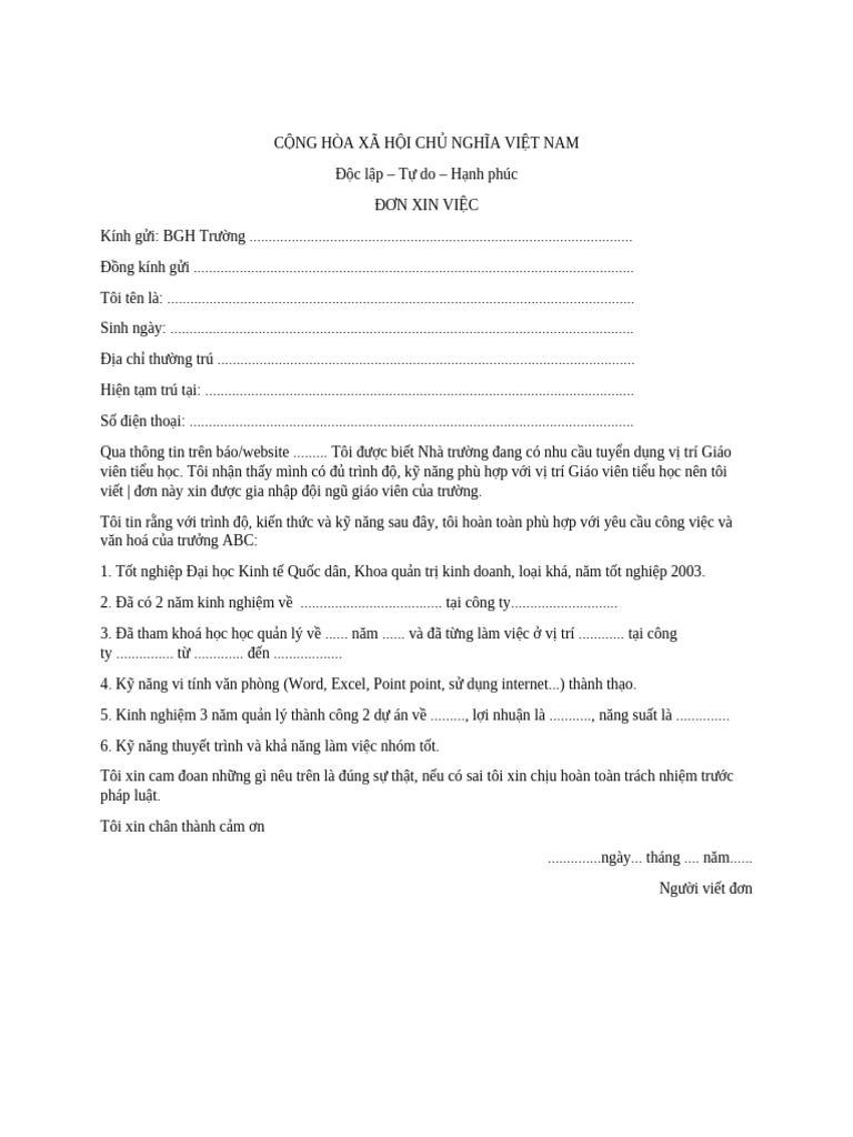 Cach viet don xin viec giao vien tieu hoc pdf