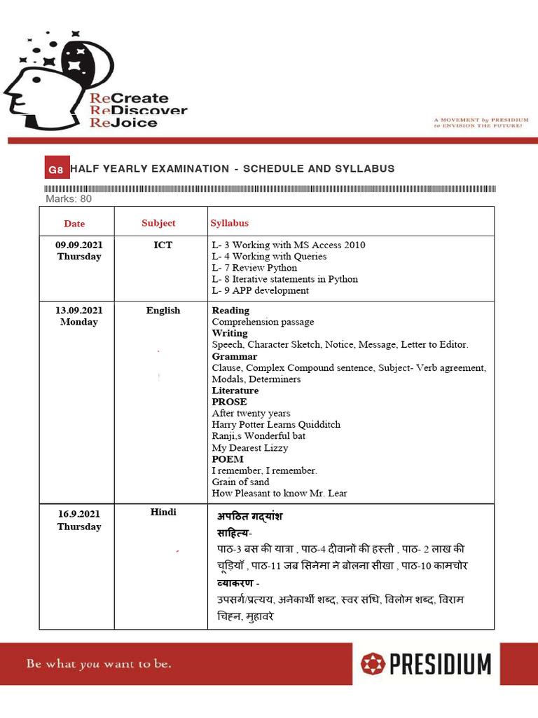 G8 Half Yearly Exam Schedule 2021 | PDF | Syntax | Language Mechanics