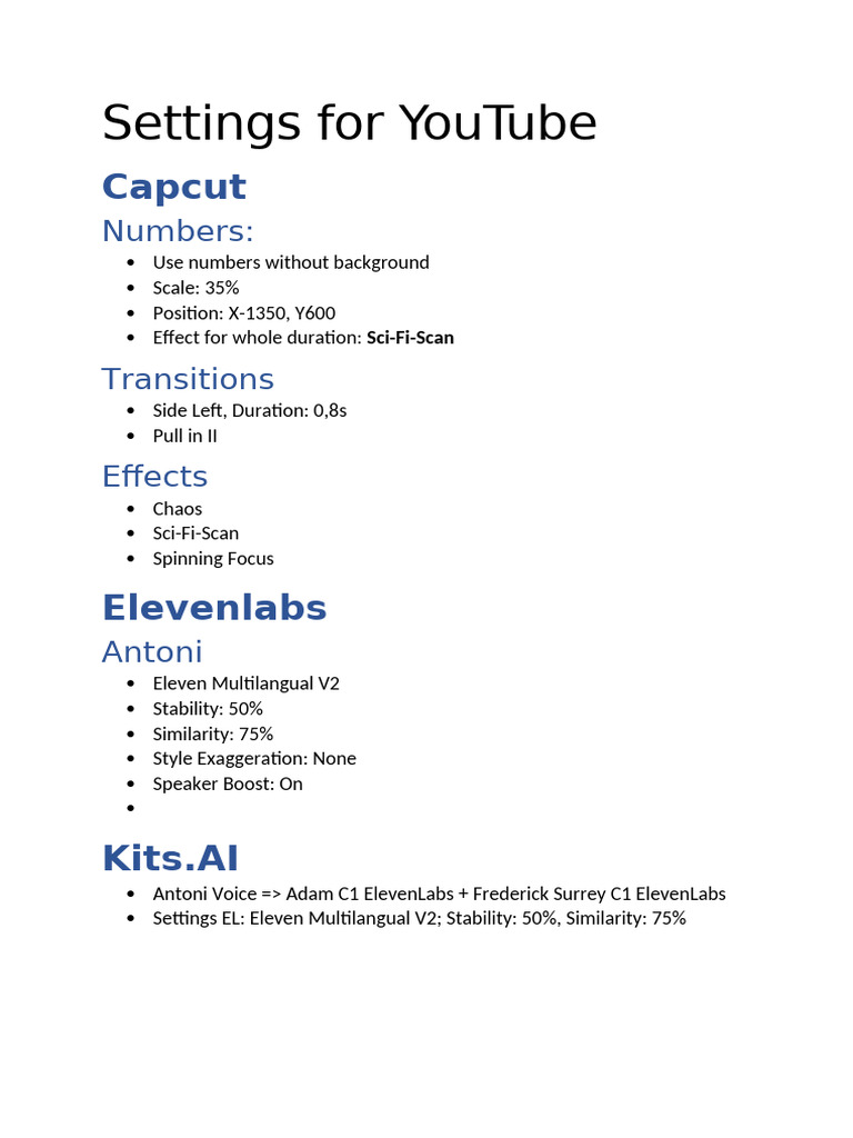 YouTube Settings for Capcut & ElevenLabs | PDF