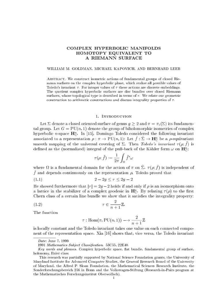 Isometric Actions on Complex Hyperbolic Manifolds | PDF | Hyperbolic ...