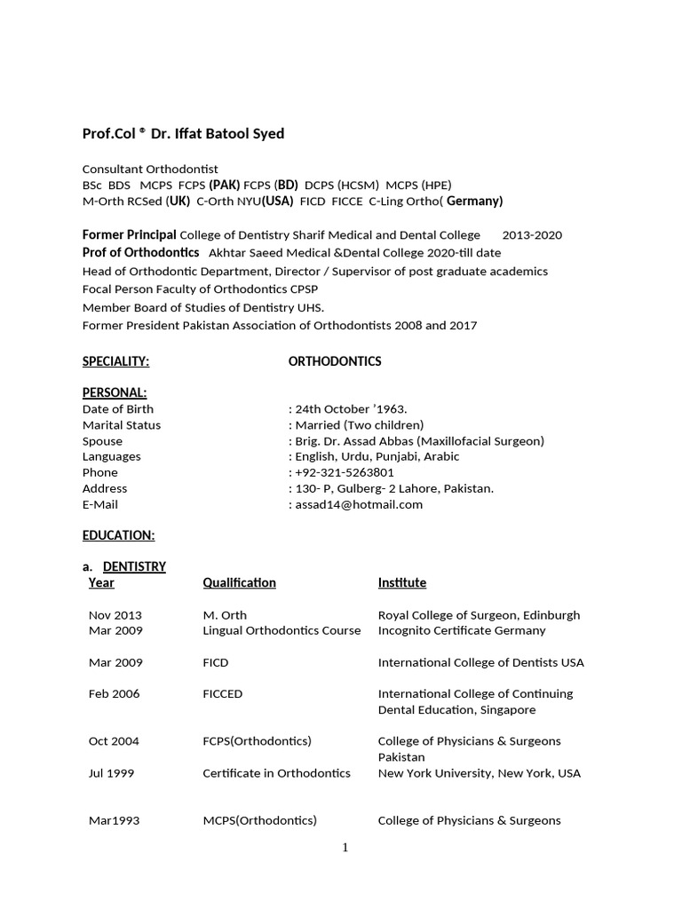 Profile of Dr. Iffat Batool Syed | PDF | Dental Degree | Orthodontics