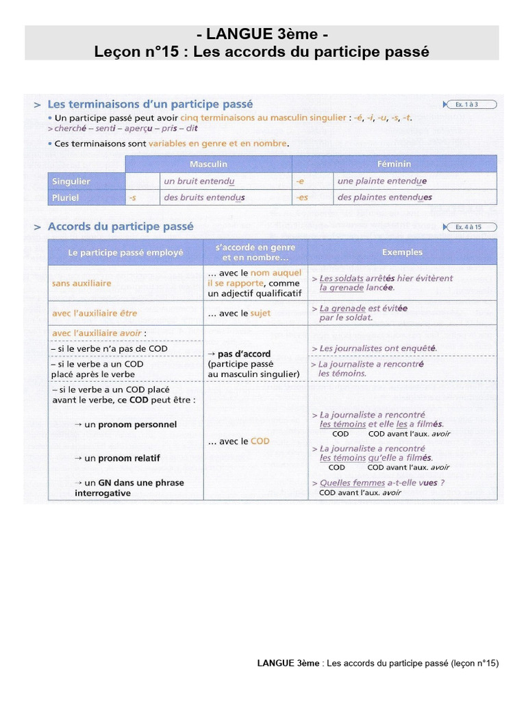 Leçon N°15 COURS Sur Les Accords Du Participe Passé | PDF