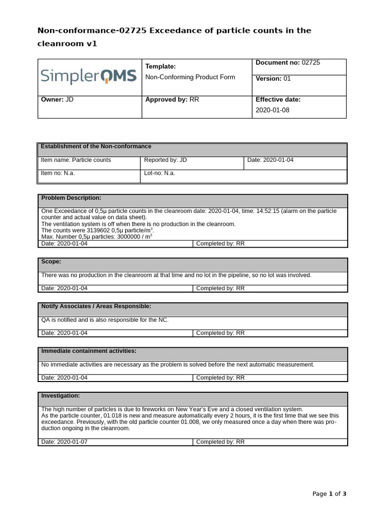 Cleanroom Particle Count Exceedance Report | PDF | Safety