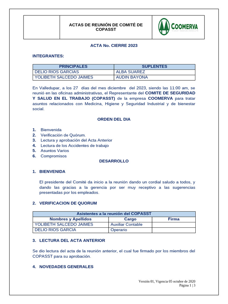 Acta COPASST Diciembre 2023 | PDF | Seguridad y salud ocupacional
