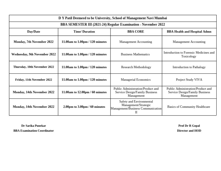 BBA Semester III Exam Schedule 2022 | PDF