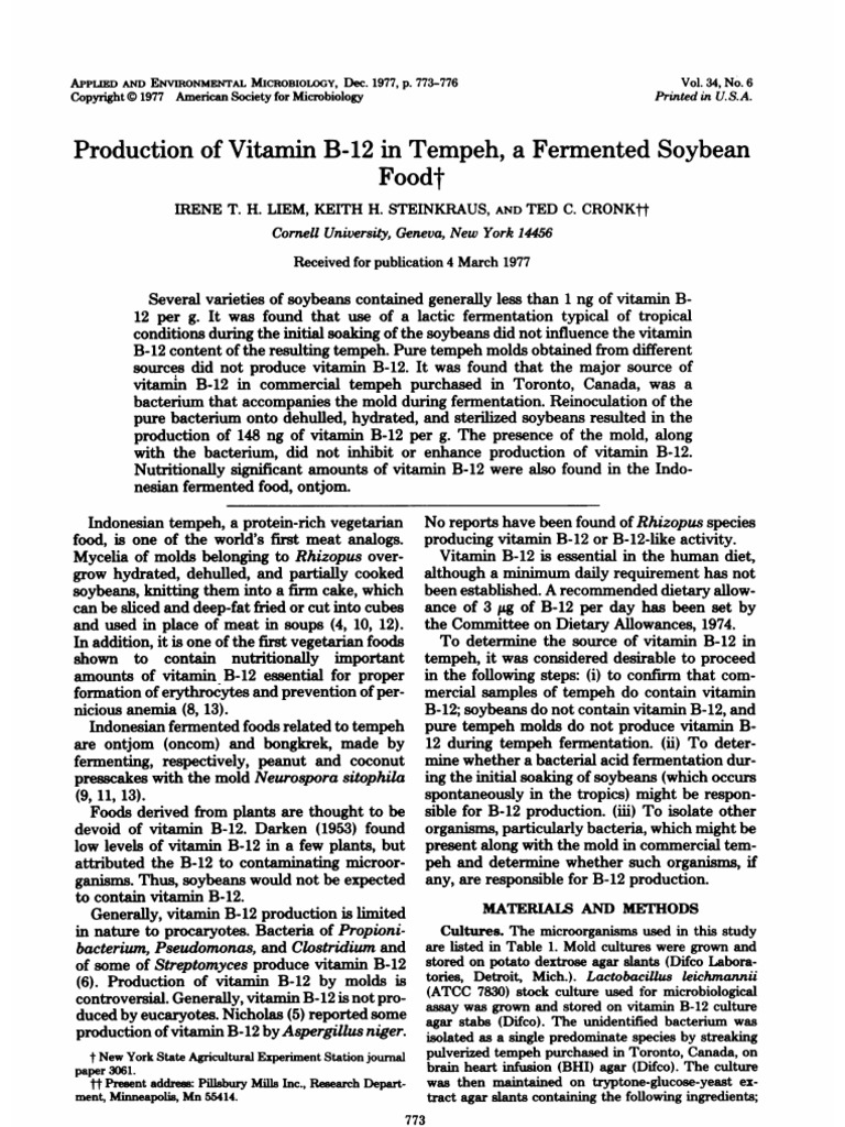 Production of Fermented Vitamin B12 in Tempeh, A Soybean Foodt PDF