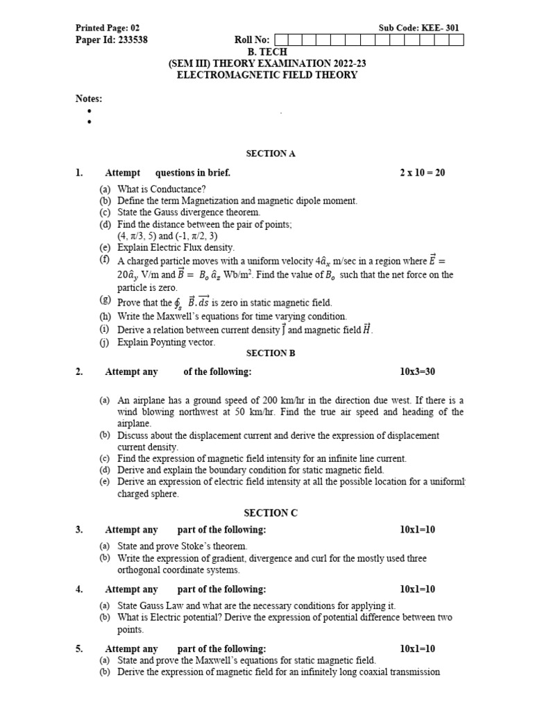 Electromagnetic Field Exam | PDF | Magnetic Field | Maxwell's Equations