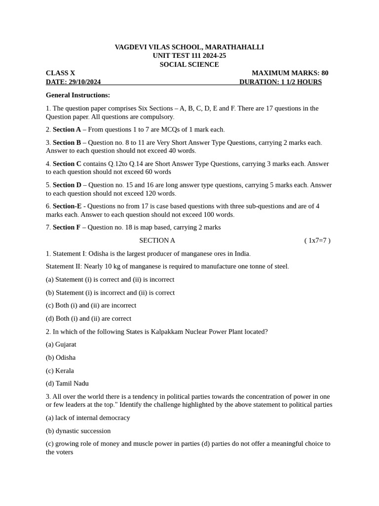 Class X Social Science Unit Test 2024 | PDF | Economies