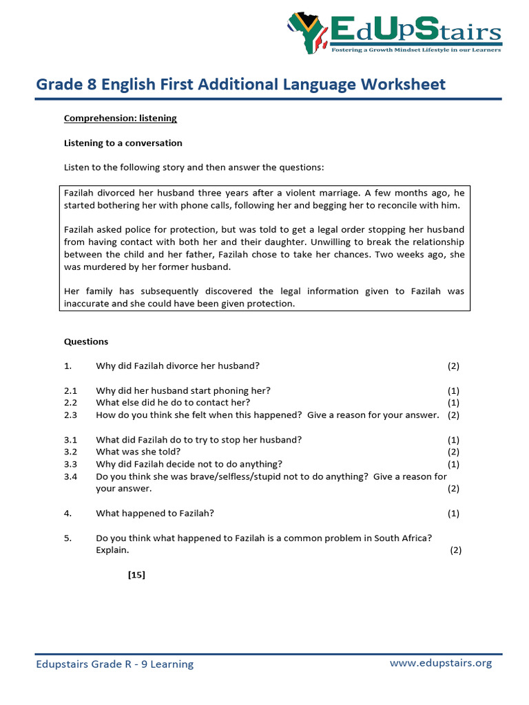 Grade 8 English Comprehension Worksheet | PDF