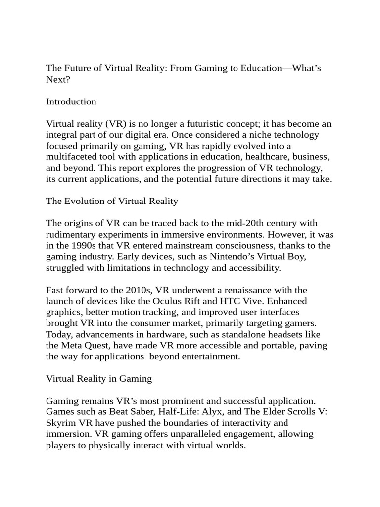 Future of Virtual Reality: Beyond Gaming | PDF | Virtual Reality ...