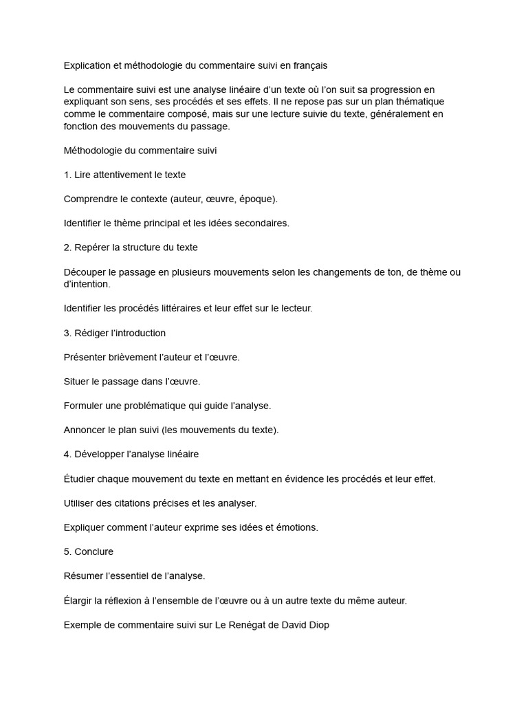 Méthodologie du commentaire suivi en français | PDF