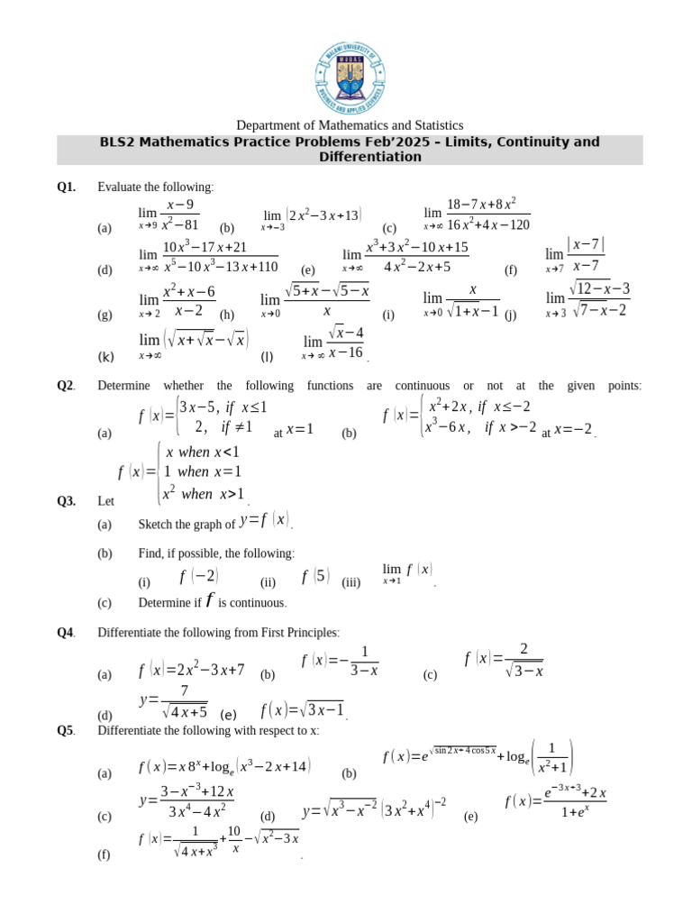 Math Practice Problems: Limits & Differentiation | PDF | Mathematical ...