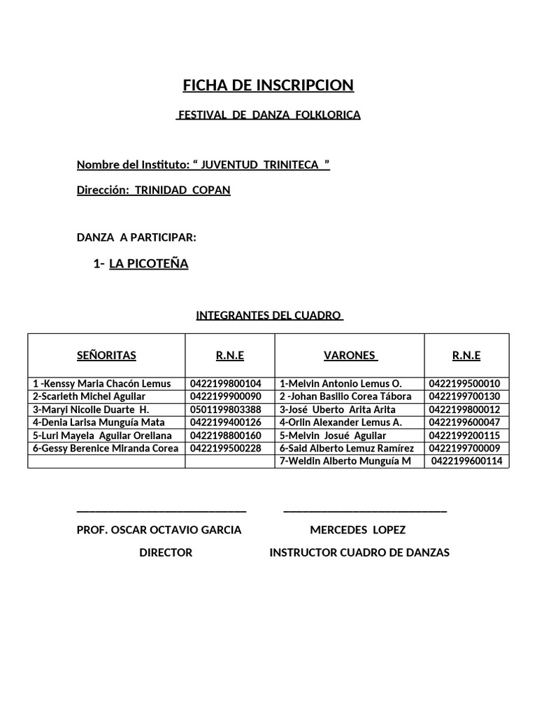FICHA DE INSCRIPCION FESTIVAL DE DANZAS | PDF