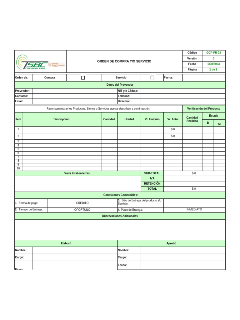 GCP-FR-03 Orden de Compra Y-O Servicio V3 | PDF
