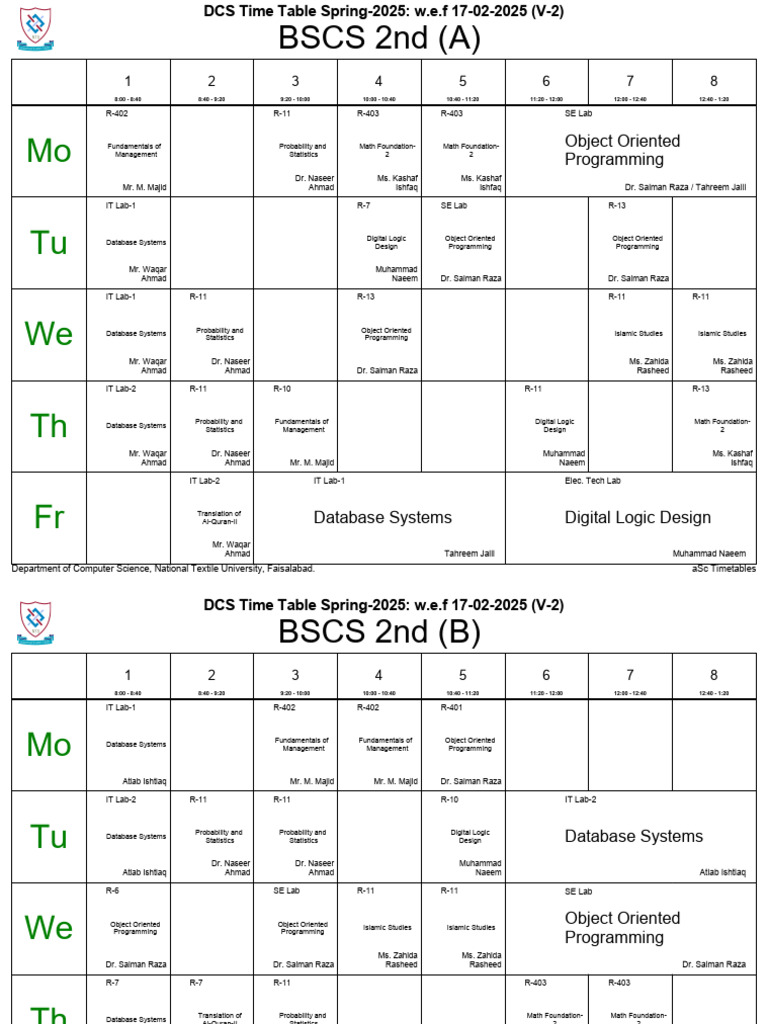 DCS Spring 2025 Timetable Overview | PDF | Computing