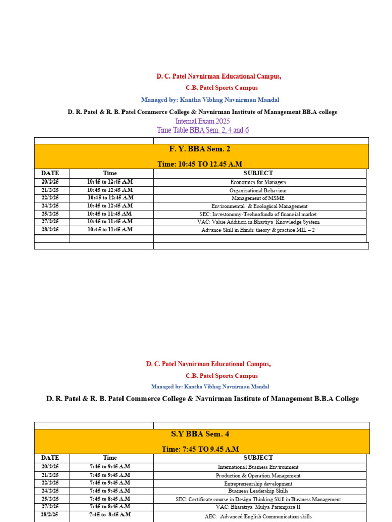 BBA Internal Exam Timetable 2025 | PDF | Leadership | Business Economics