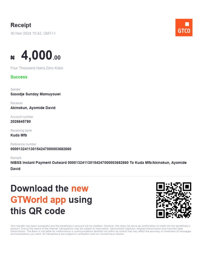Successful Payment Receipt - ₦4,000 Transfer | PDF