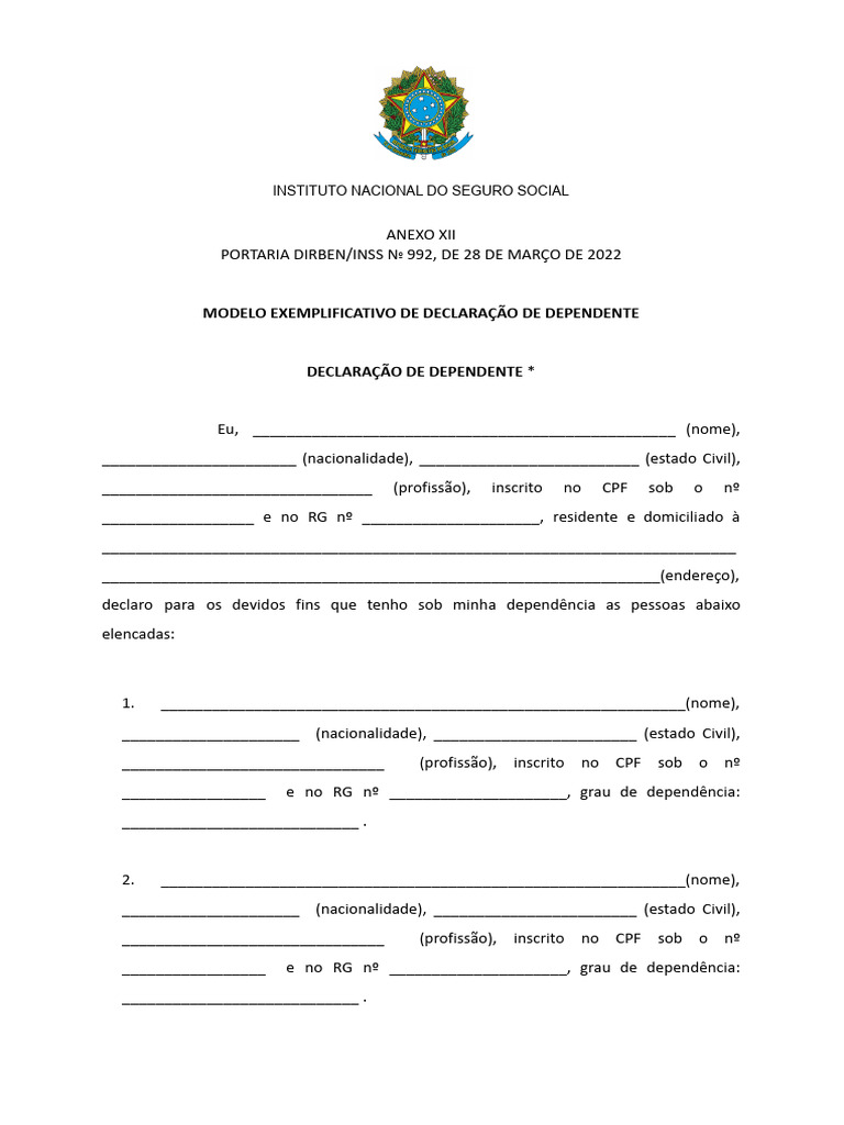 Modelo de Declaração de Dependente INSS | PDF