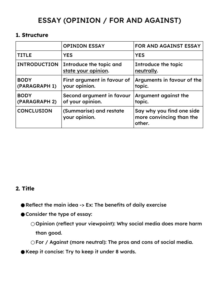 Opinion and For Against Essay Guide | PDF | Essays | Argument