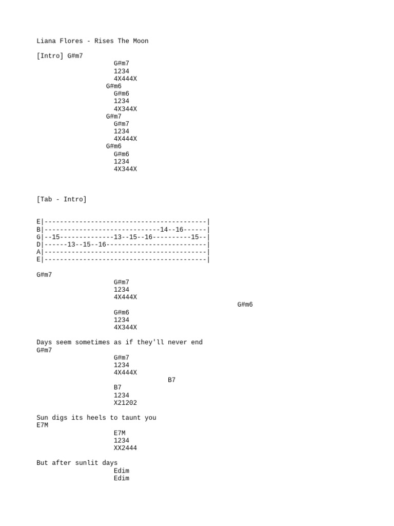 Liana Flores - Rises The Moon Lyrics | PDF