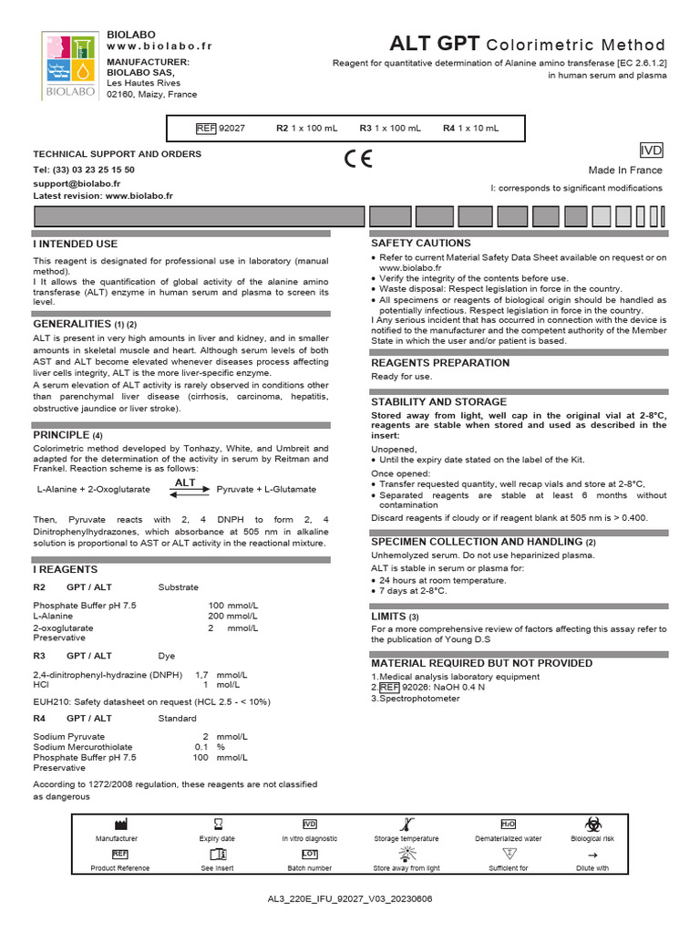 ALT Colorimetric Test Reagent Guide | PDF | Alanine Transaminase