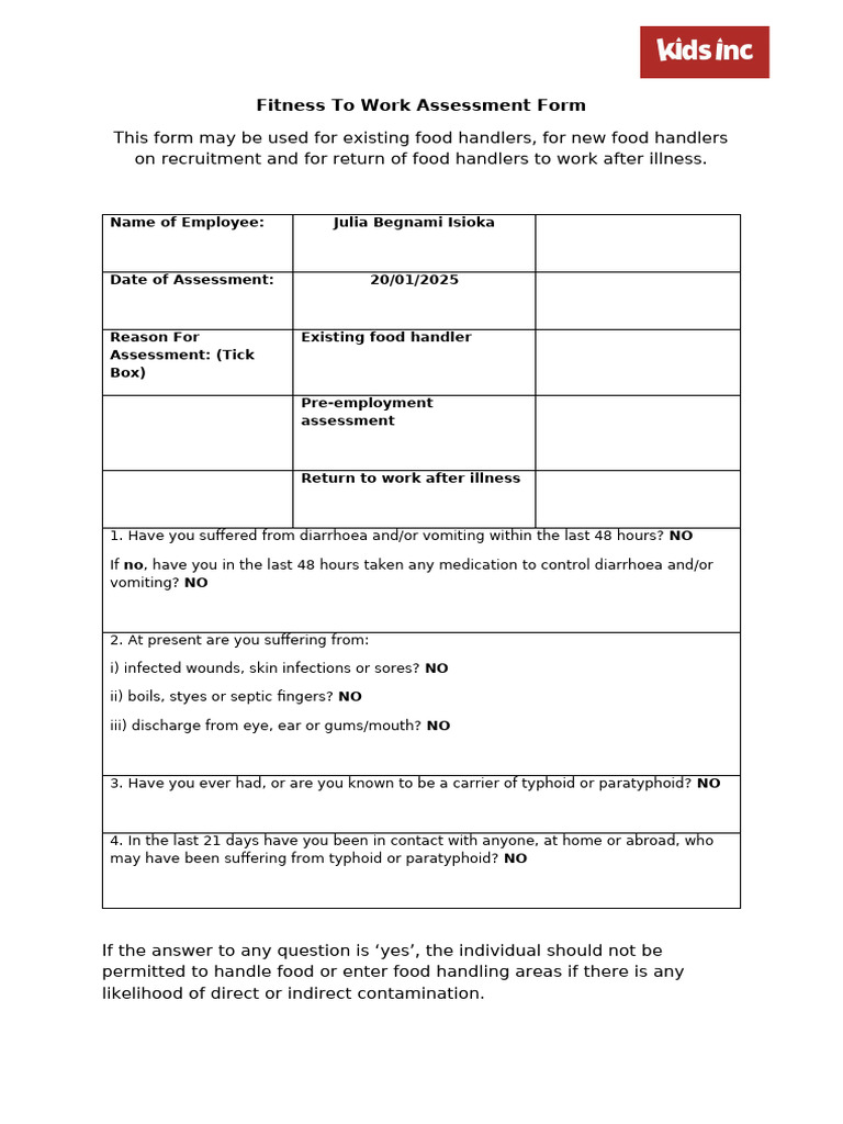 Food Handler Fitness Assessment Form | PDF