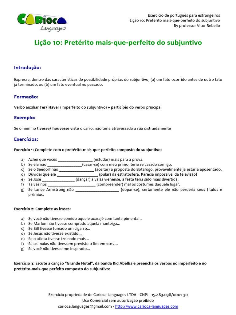 Exercícios de Pretérito Subjuntivo | PDF | Amor