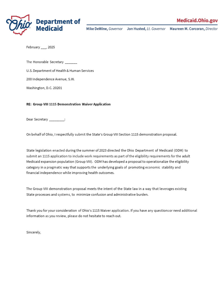 Ohio Department of Medicaid Demonstration Waiver Application | PDF ...