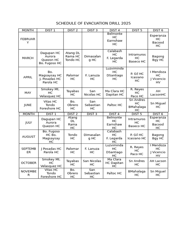 2025 Evacuation Drill Schedule | PDF