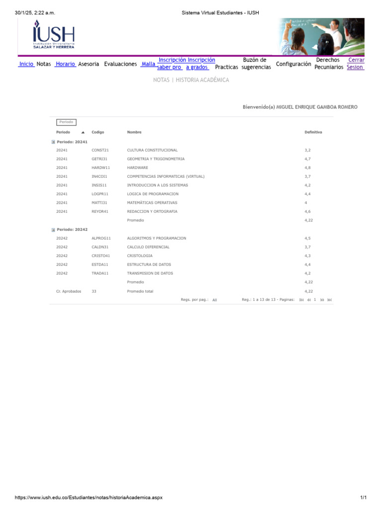 Notas y Promedios del Estudiante IUSH | PDF