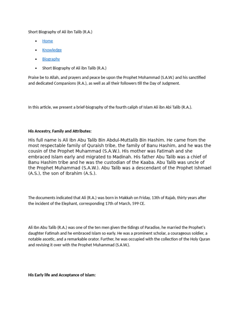 Short Biography of Ali Ibn Talib | PDF | Ali | Muhammad