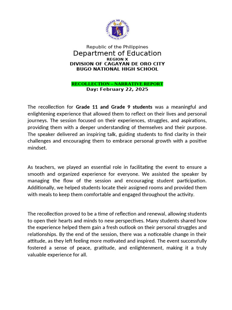 Grade 11 & 9 Student Recollection Report | PDF
