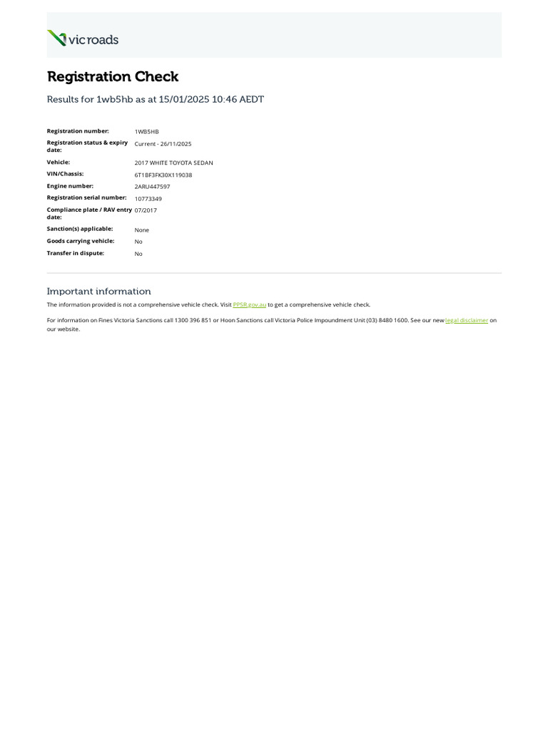 2025 Registration Check for Toyota Sedan | PDF