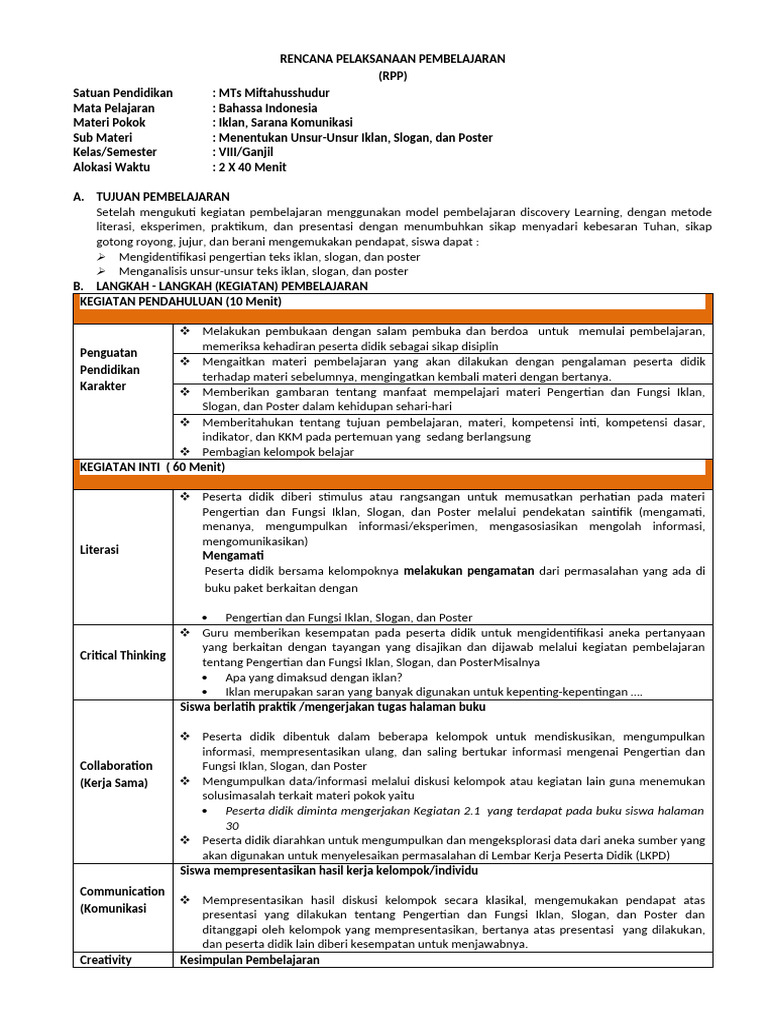 RPP Iklan dan Slogan Kelas VIII | PDF