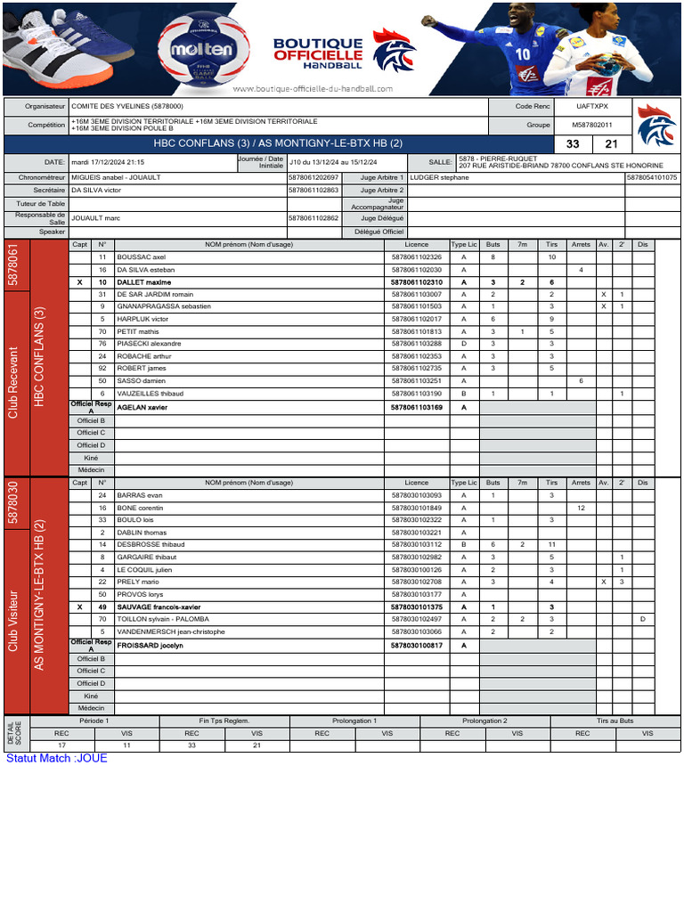 HBC Conflans vs AS Montigny: Match J10 | PDF | Règles et réglementation ...