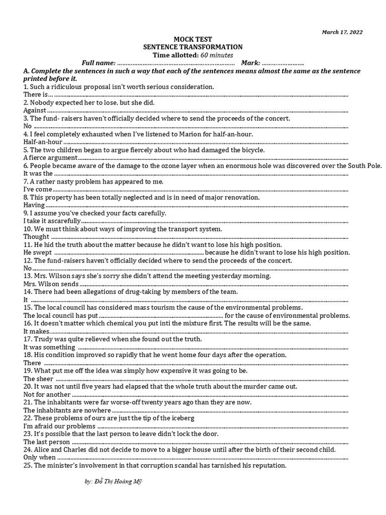 Sentence Transformation Mock Test | PDF