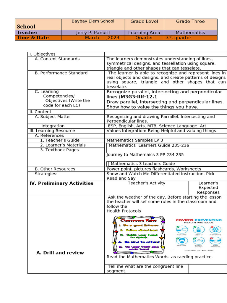 Teaching Lines and Tessellation in Math | PDF | Teachers | Lesson Plan