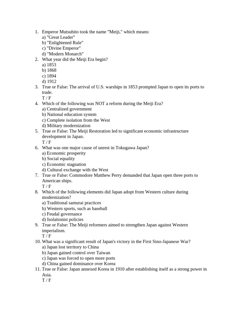 Modernization in Japan Quiz | PDF | Japan | International Relations