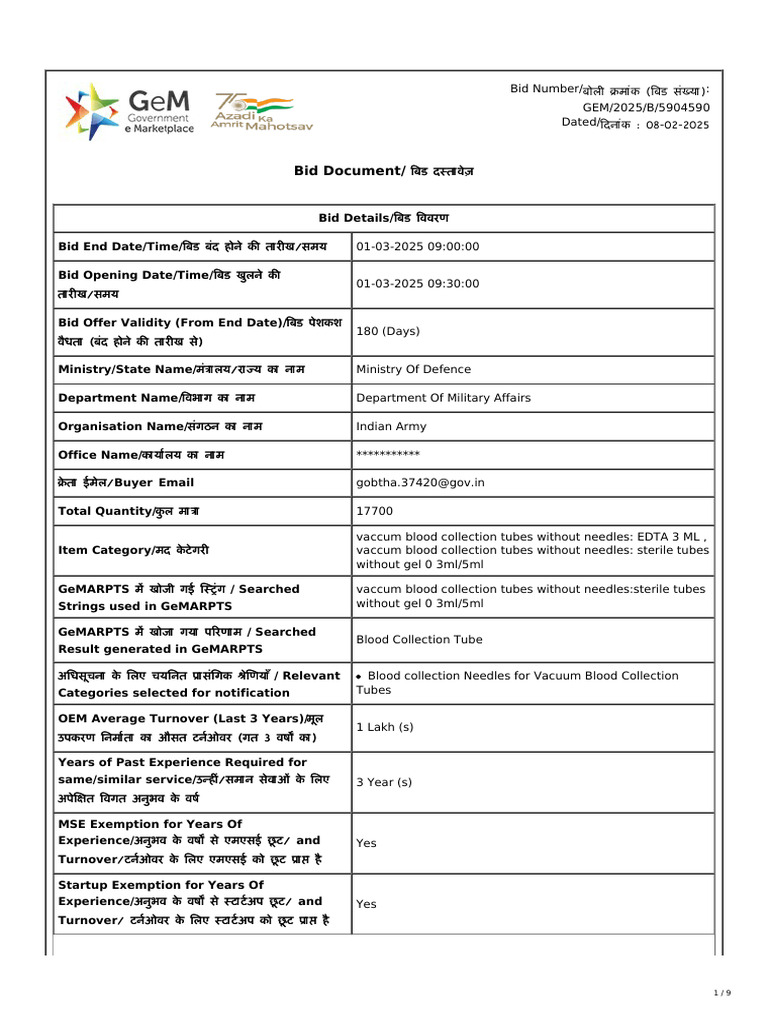 Indian Army Bid for Blood Collection Tubes | PDF | Specification ...