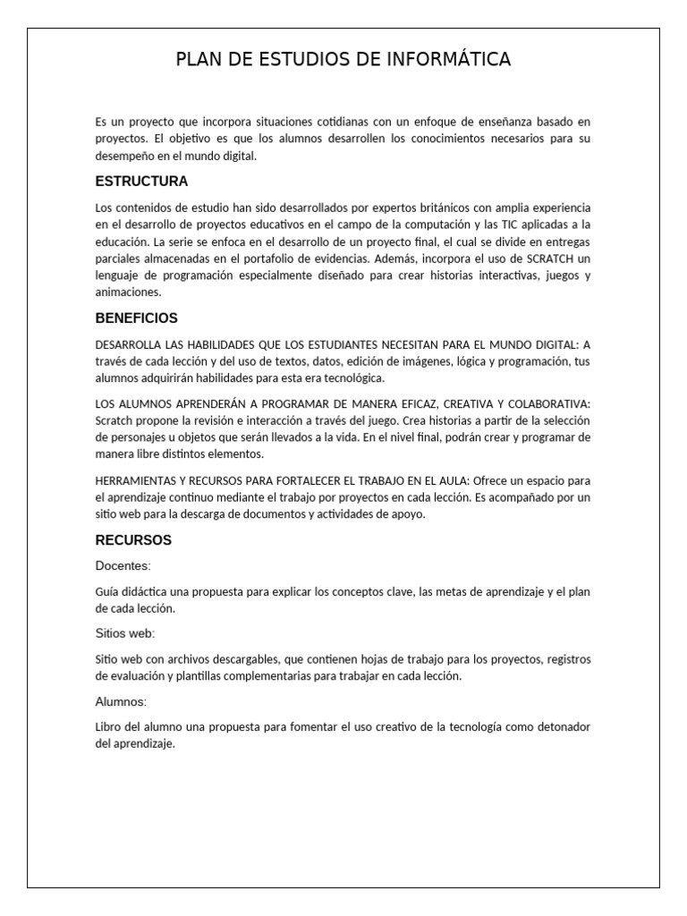 Plan de Estudios de Informática | PDF | Enseñando | Scratch (lenguaje ...