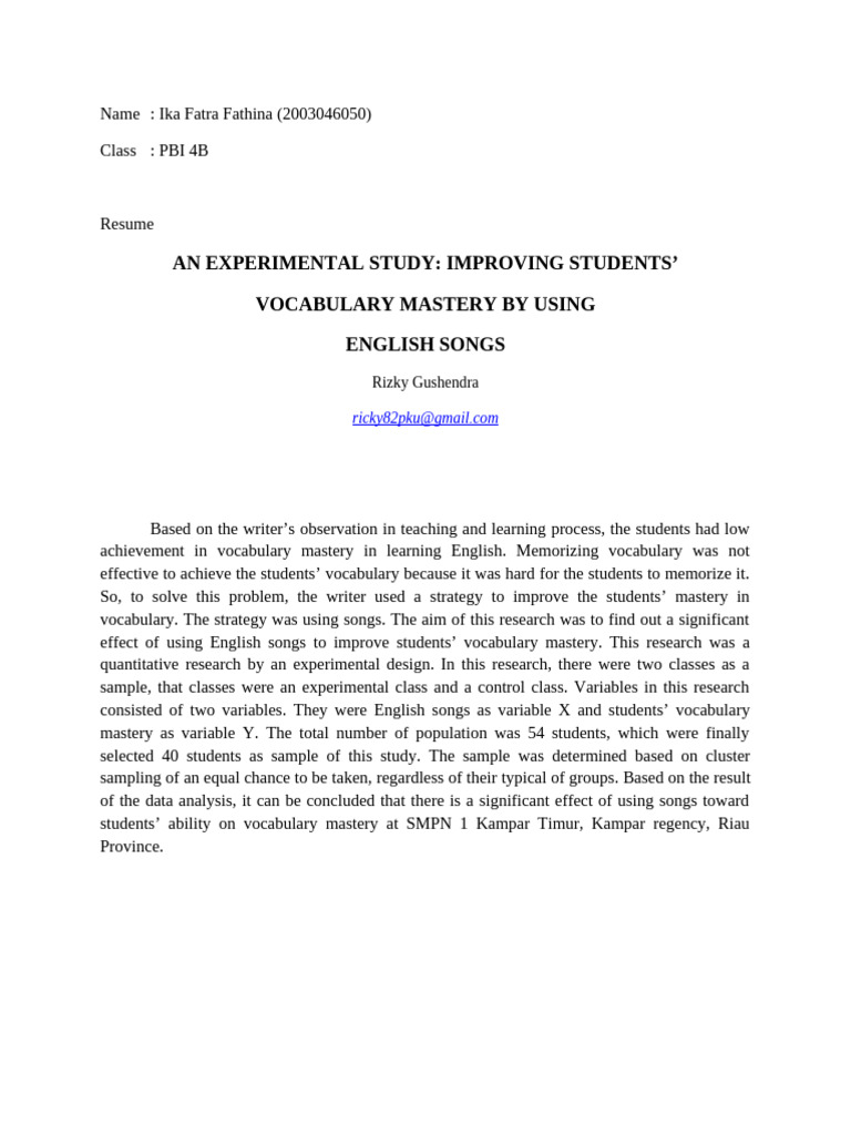 Improving Vocabulary Mastery with Songs | PDF