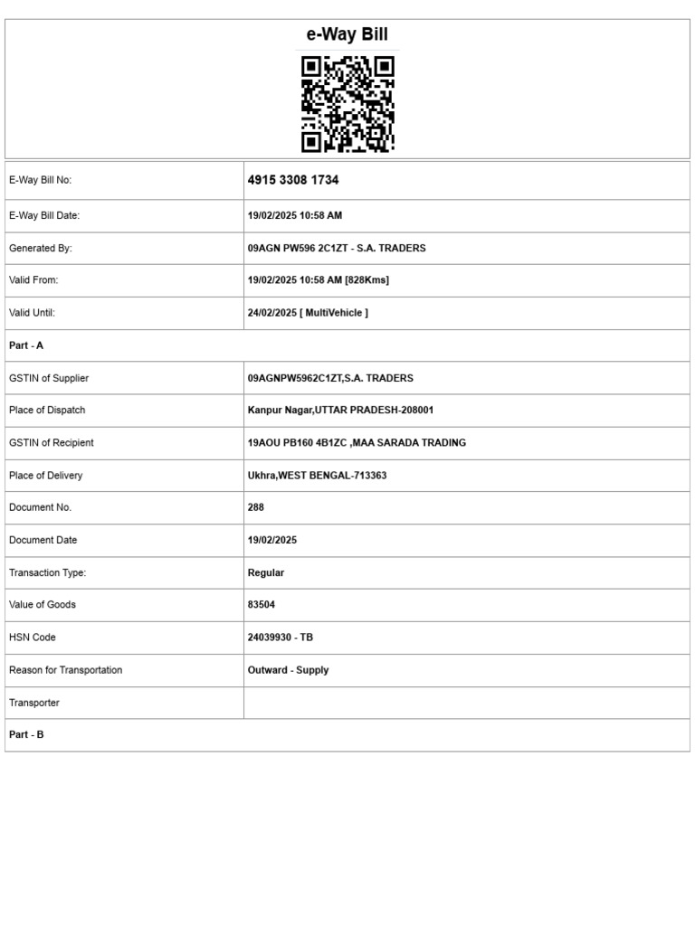 E-Way Bill Details for S.A. Traders | PDF