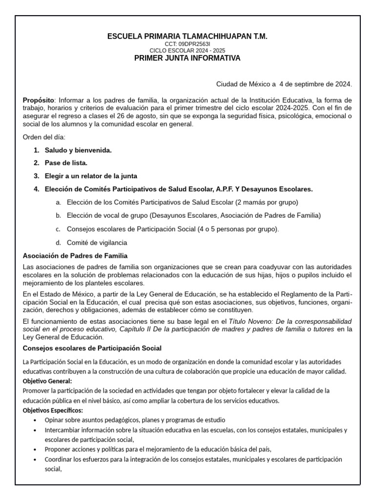 Orden Del Dia Primera Junta Informativa 2024-2025 | PDF | Escuelas