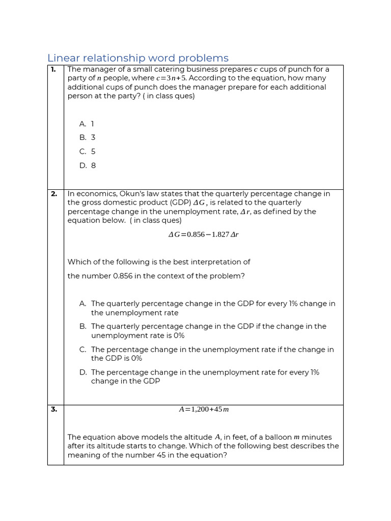 Linear Relationship Word Problems Explained | PDF | Reaction Rate