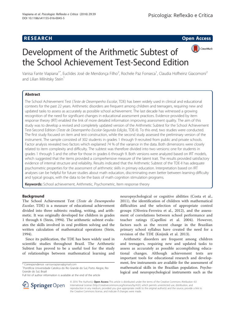 Updated Arithmetic Subtest for TDE-II | PDF | Psychometrics ...