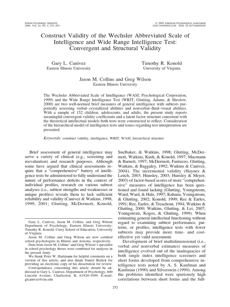 Construct Validity of The Wechsler Abbreviated Scale of | PDF ...