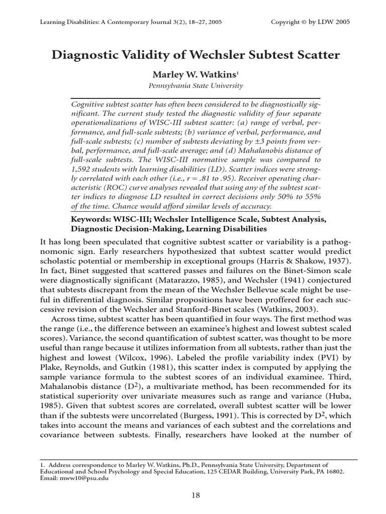 Diagnostic Validity of Wechsler Subtest Scatter | PDF | Wechsler Adult ...