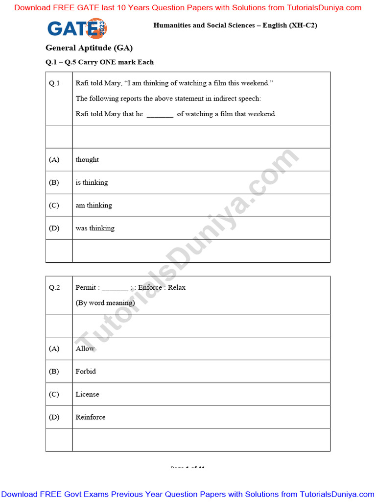GATE English Question Paper 2023 | PDF