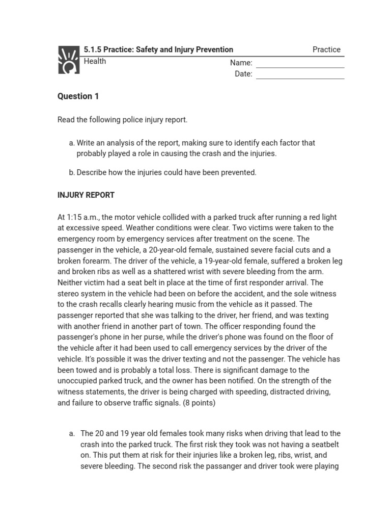Safety and Injury Prevention Practice | PDF | Traffic Collision | Seat Belt