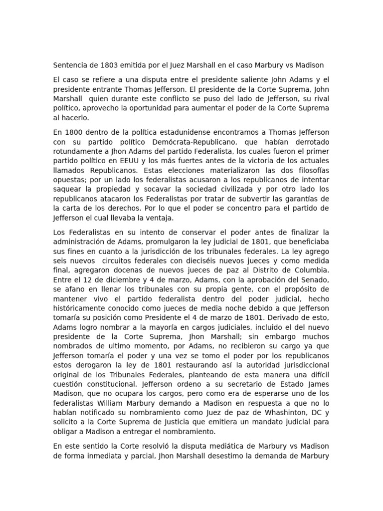 Marbury vs Madison: Poder Judicial y Constitucionalidad | PDF ...